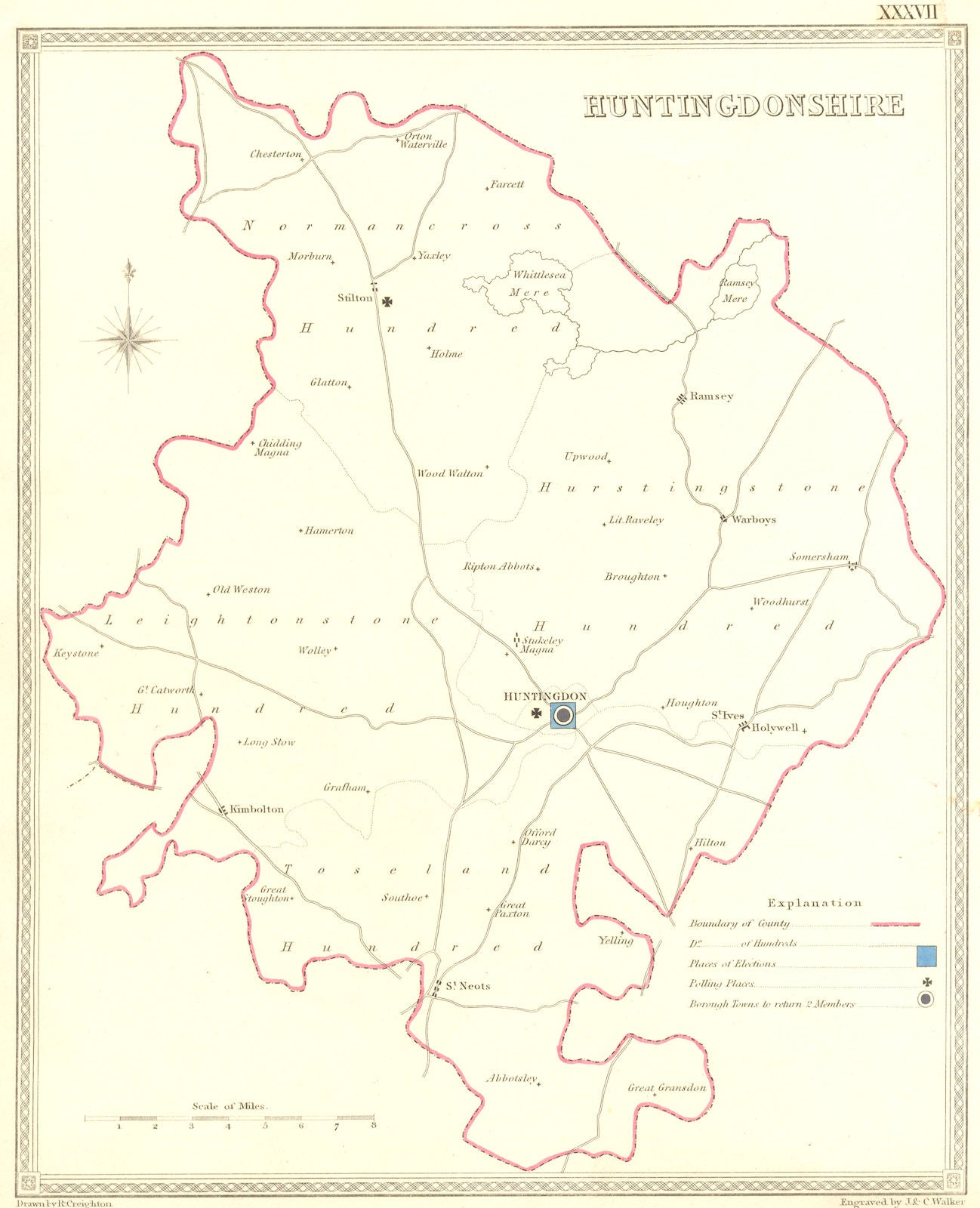 HUNTS. Huntingdonshire. Creighton Walker 1835 old antique map plan chart